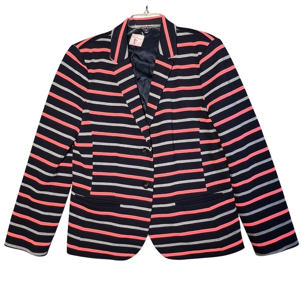 Gap The Academy Blazer‎ Women's Size 14 Tall Navy Blue Gray Coral Striped Knit